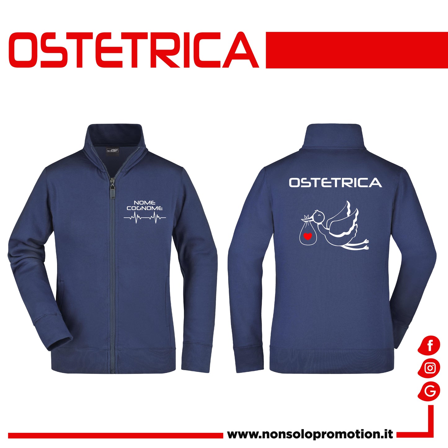 Felpa Ostetrica e Ostetrico Cicogna Full Zip - Personalizzata con nome